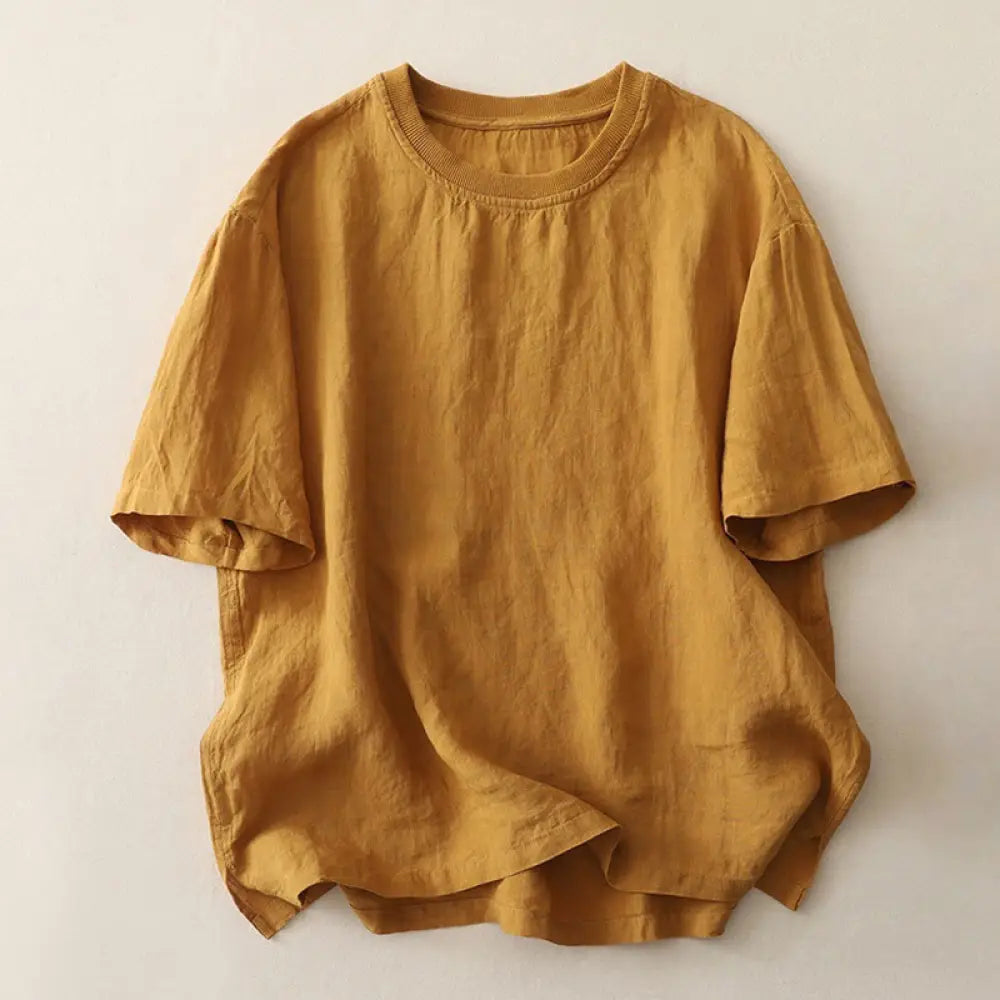 Buddha Stones Plain Threaded Crew Neck Design Women’s Polyester Short Sleeves Shirt - Goldenrod / US6，UK/AU10，EU38 (M)