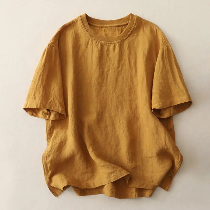 Buddha Stones Plain Threaded Crew Neck Design Women’s Polyester Short Sleeves Shirt - Goldenrod / US6，UK/AU10，EU38 (M)