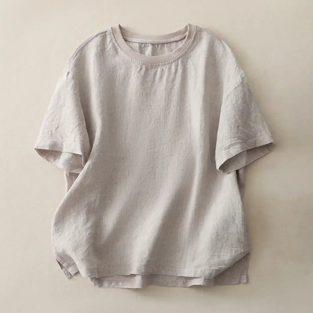 Buddha Stones Plain Threaded Crew Neck Design Women’s Polyester Short Sleeves Shirt - LightGrey / US6，UK/AU10，EU38 (M)