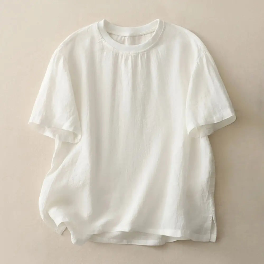 Buddha Stones Plain Threaded Crew Neck Design Women’s Polyester Short Sleeves Shirt - Snow / US6，UK/AU10，EU38 (M)