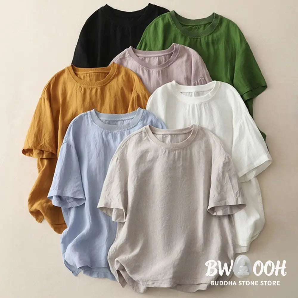 Buddha Stones Plain Threaded Crew Neck Design Women’s Polyester Short Sleeves Shirt - Women’s T-Shirts