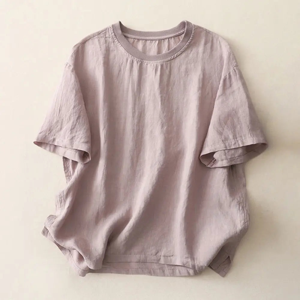 Buddha Stones Plain Threaded Crew Neck Design Women’s Polyester Short Sleeves Shirt - Thistle / US6，UK/AU10，EU38 (M)