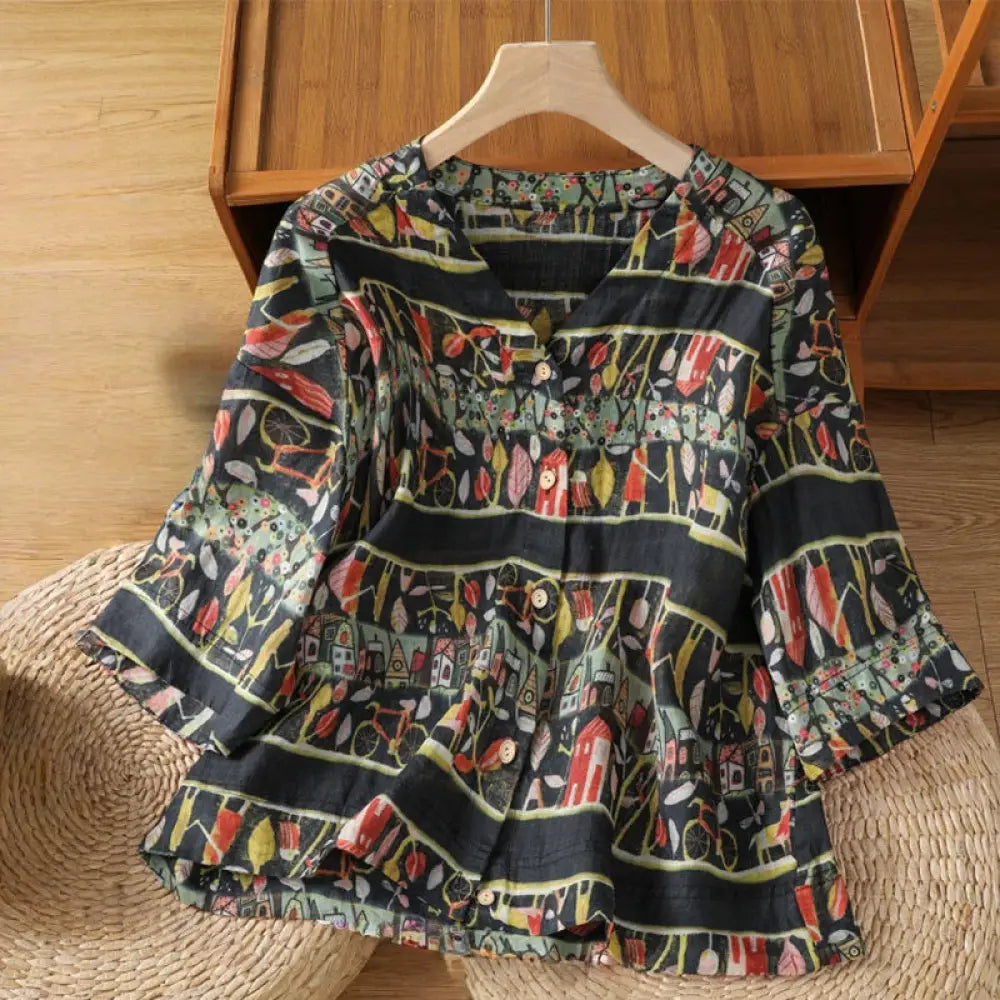 Buddha Stones Plant Printed V-neck Button Design Women’s Polyester Three Quarter Sleeve Shirt Cardigan - Black
