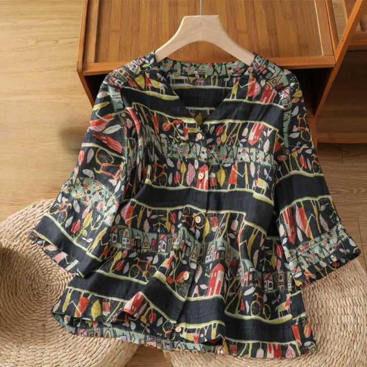 Buddha Stones Plant Printed V-neck Button Design Women’s Polyester Three Quarter Sleeve Shirt Cardigan - Black