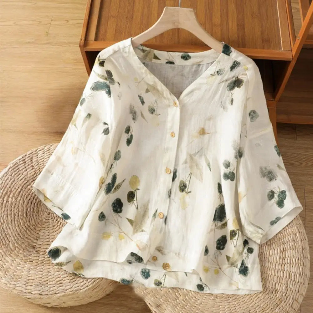 BWOOOH Plant Printed V-neck Button Design Women&