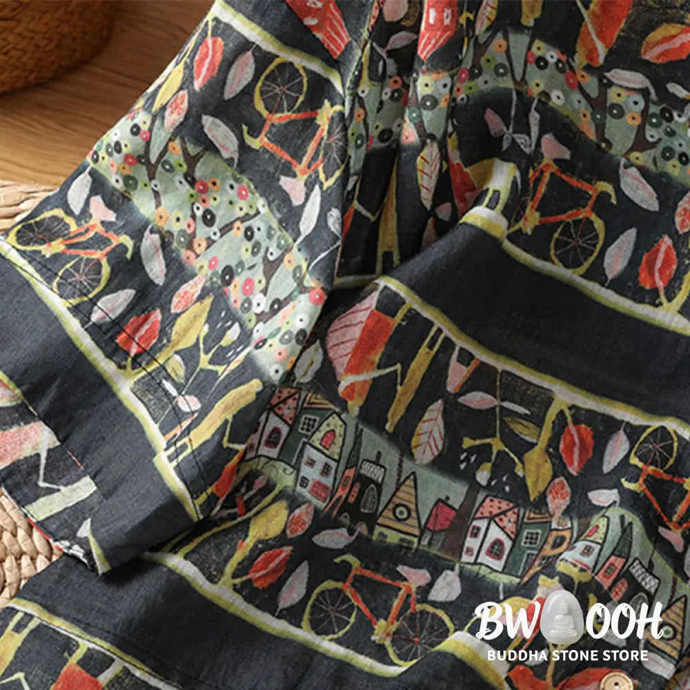 Buddha Stones Plant Printed V-neck Button Design Women’s Polyester Three Quarter Sleeve Shirt Cardigan - Women’s Shirts