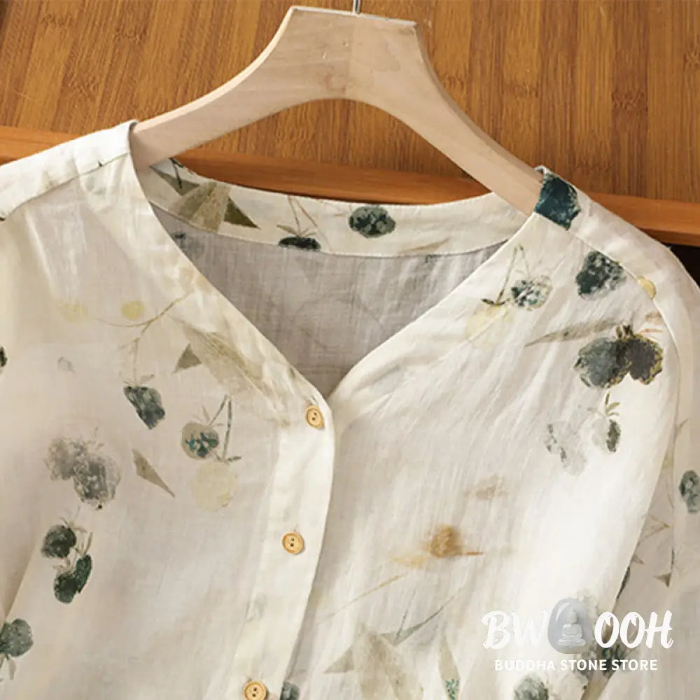 Buddha Stones Plant Printed V-neck Button Design Women’s Polyester Three Quarter Sleeve Shirt Cardigan - Women’s Shirts