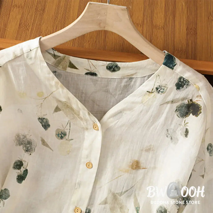 Buddha Stones Plant Printed V-neck Button Design Women’s Polyester Three Quarter Sleeve Shirt Cardigan - Women’s Shirts