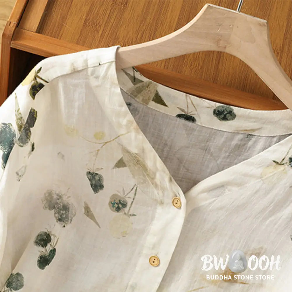 Buddha Stones Plant Printed V-neck Button Design Women’s Polyester Three Quarter Sleeve Shirt Cardigan - Women’s Shirts