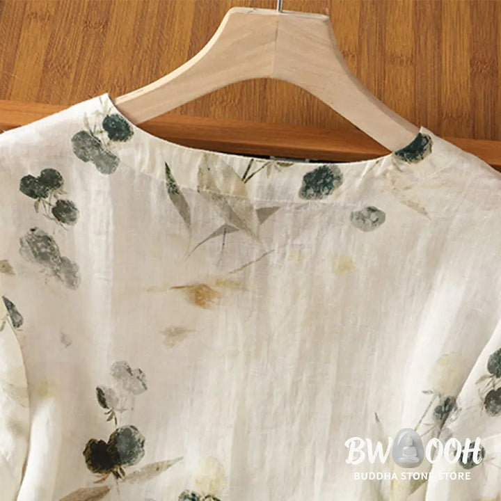 Buddha Stones Plant Printed V-neck Button Design Women’s Polyester Three Quarter Sleeve Shirt Cardigan - Women’s Shirts