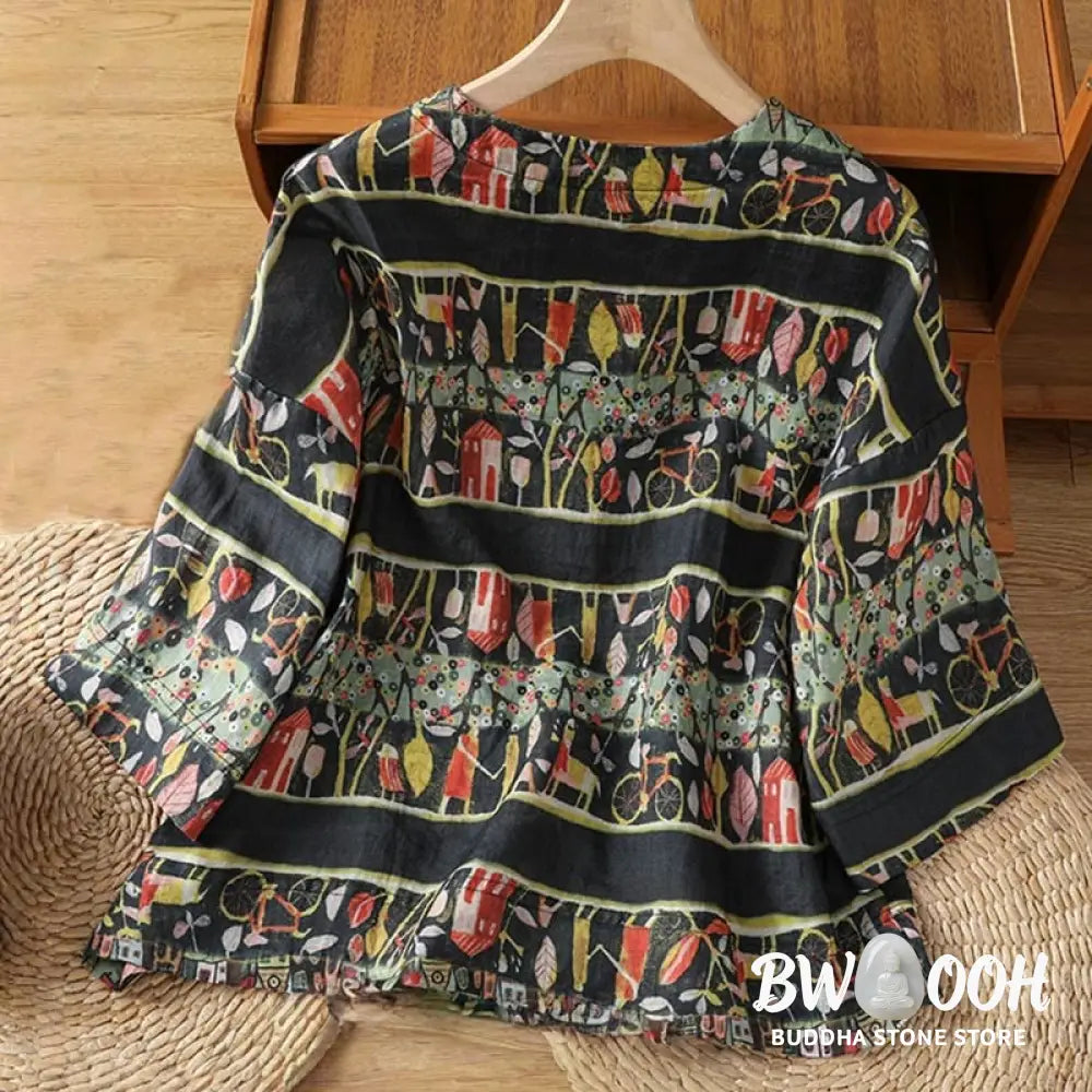 Buddha Stones Plant Printed V-neck Button Design Women’s Polyester Three Quarter Sleeve Shirt Cardigan - Women’s Shirts