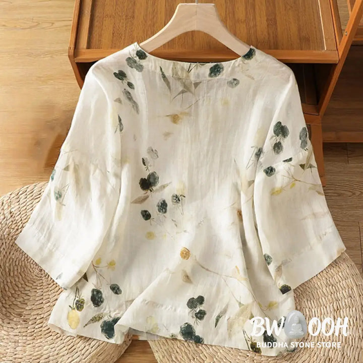 Buddha Stones Plant Printed V-neck Button Design Women’s Polyester Three Quarter Sleeve Shirt Cardigan - Women’s Shirts