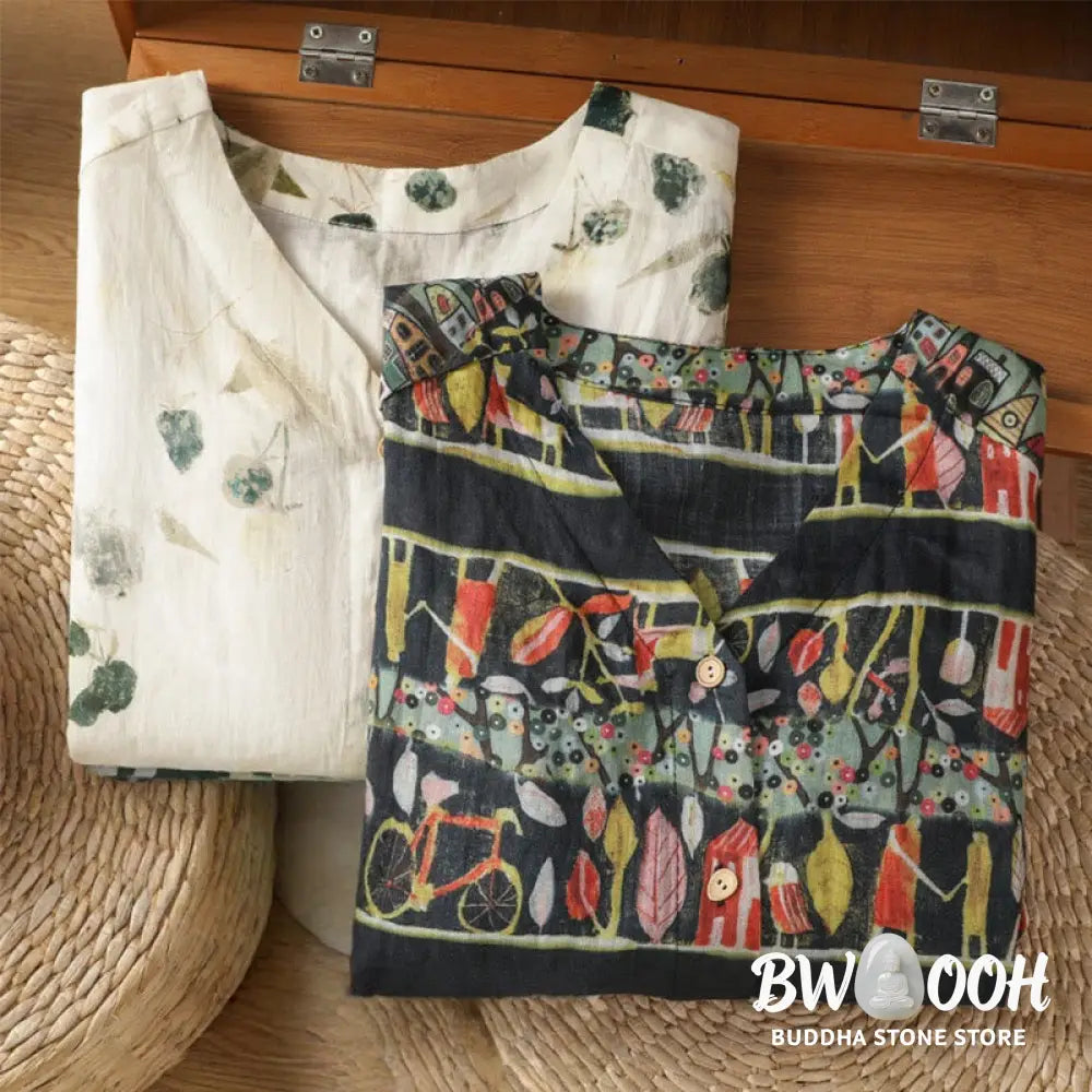 Buddha Stones Plant Printed V-neck Button Design Women’s Polyester Three Quarter Sleeve Shirt Cardigan - Women’s Shirts