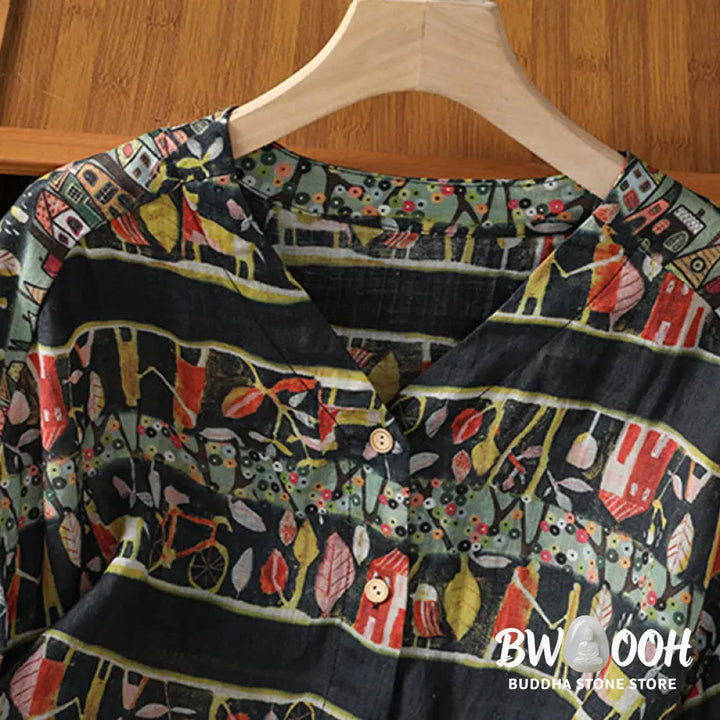 Buddha Stones Plant Printed V-neck Button Design Women’s Polyester Three Quarter Sleeve Shirt Cardigan - Women’s Shirts