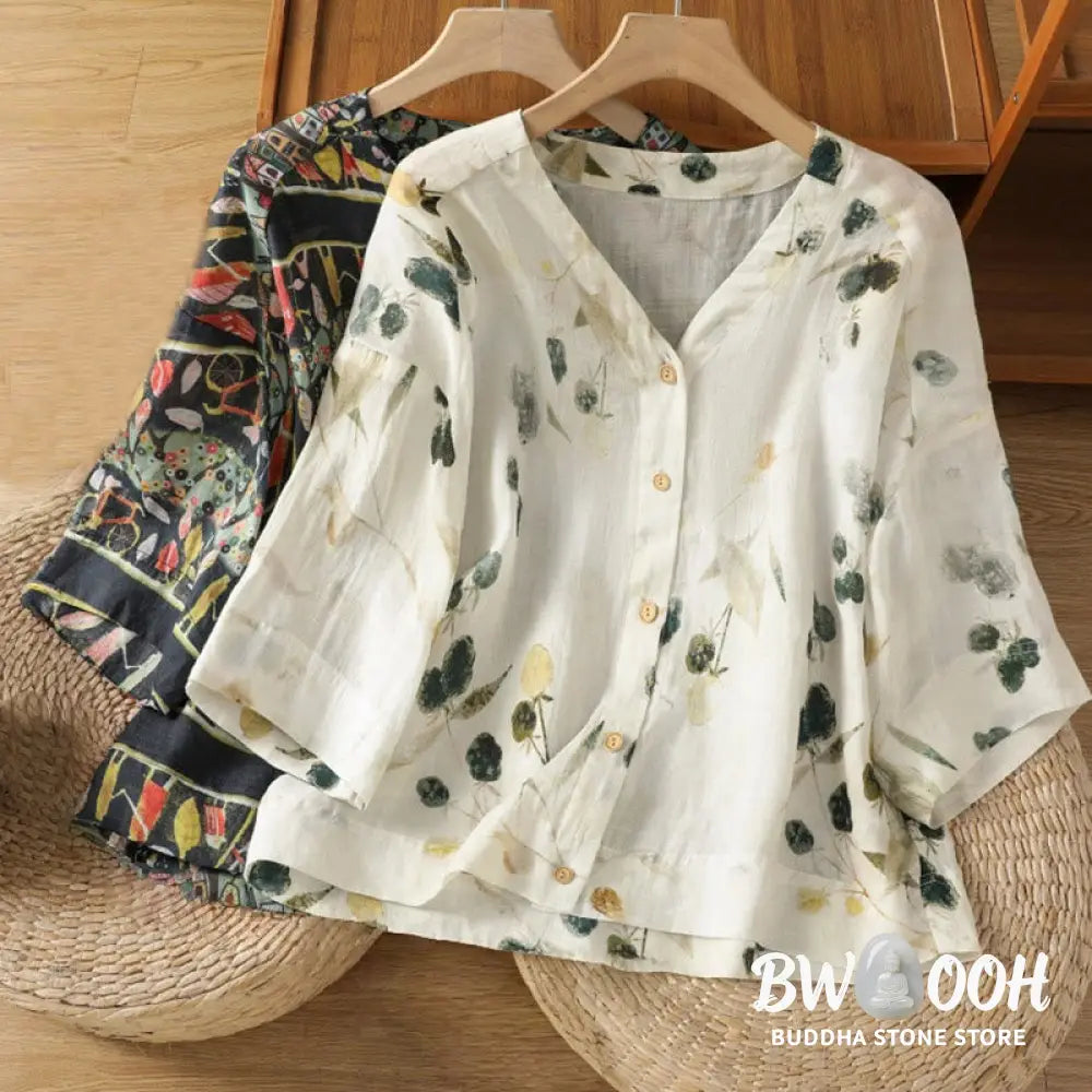Buddha Stones Plant Printed V-neck Button Design Women’s Polyester Three Quarter Sleeve Shirt Cardigan - Women’s Shirts