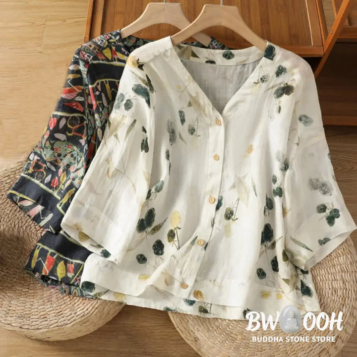 Buddha Stones Plant Printed V-neck Button Design Women’s Polyester Three Quarter Sleeve Shirt Cardigan - Women’s Shirts