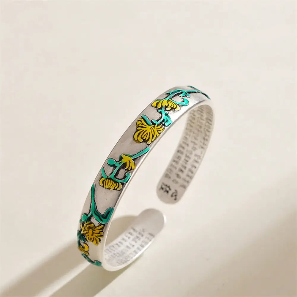 Buddha Stones Plum Blossom Chrysanthemum Flower Design Heart Sutra Healing Bracelet Cuff Bangle - BWOOOH