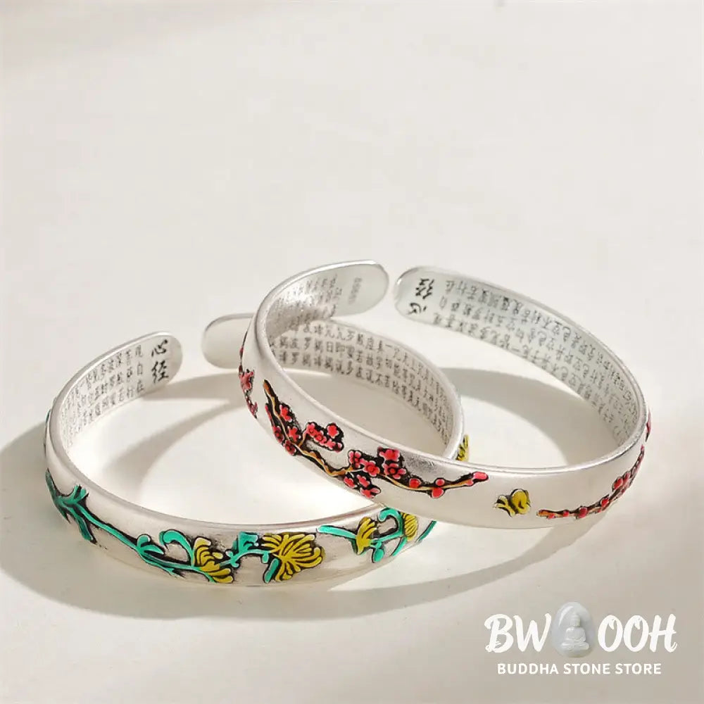 Buddha Stones Plum Blossom Chrysanthemum Flower Design Heart Sutra Healing Bracelet Cuff Bangle - BWOOOH - Bracelet