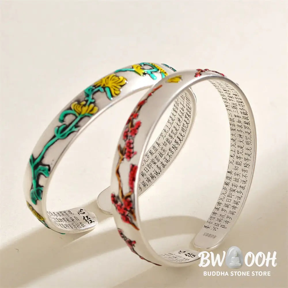 Buddha Stones Plum Blossom Chrysanthemum Flower Design Heart Sutra Healing Bracelet Cuff Bangle - BWOOOH - Bracelet