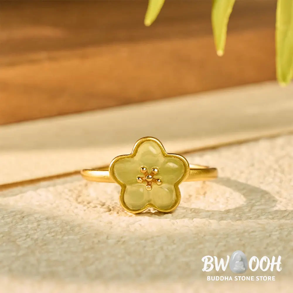Buddha Stones Plum Blossom Hetian Jade Copper Luck Ring - Hetian Jade Copper(Adjustable) - Ring