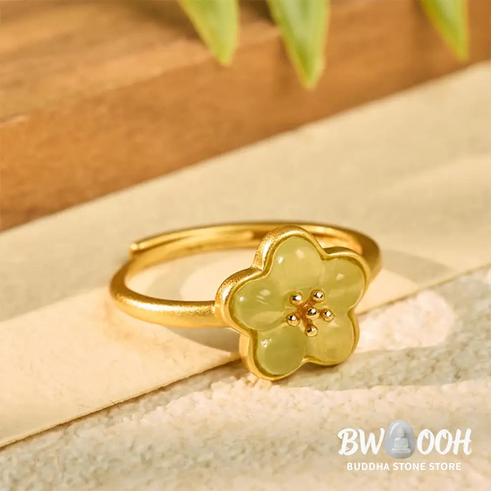 Buddha Stones Plum Blossom Hetian Jade Copper Luck Ring - Hetian Jade Copper(Adjustable) - Ring