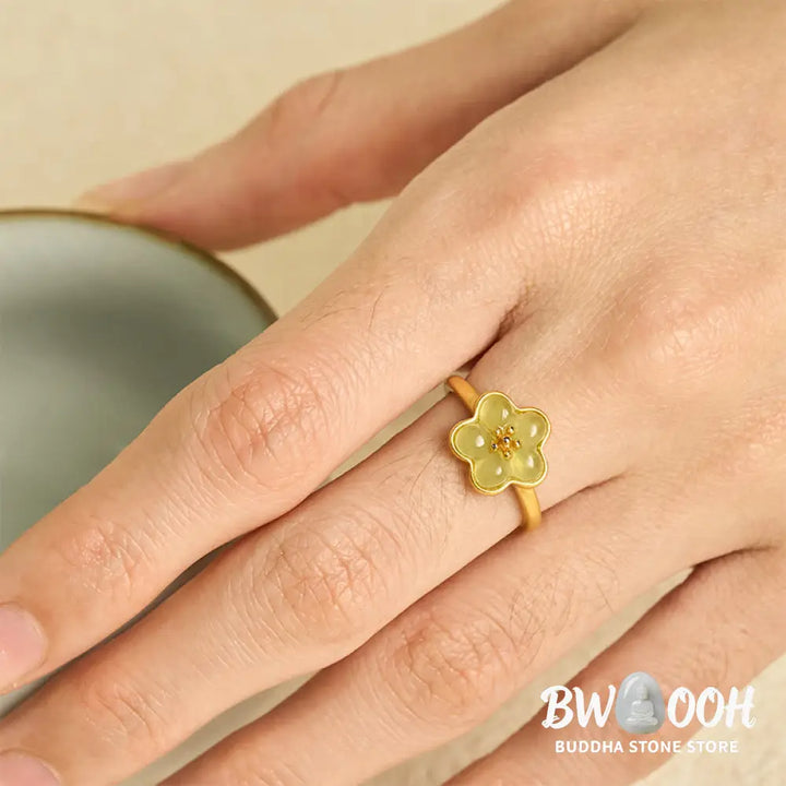 Buddha Stones Plum Blossom Hetian Jade Copper Luck Ring - Hetian Jade Copper(Adjustable) - Ring