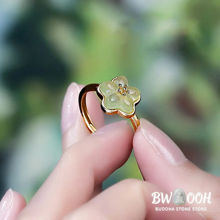 Buddha Stones Plum Blossom Hetian Jade Copper Luck Ring - Hetian Jade Copper(Adjustable) - Ring