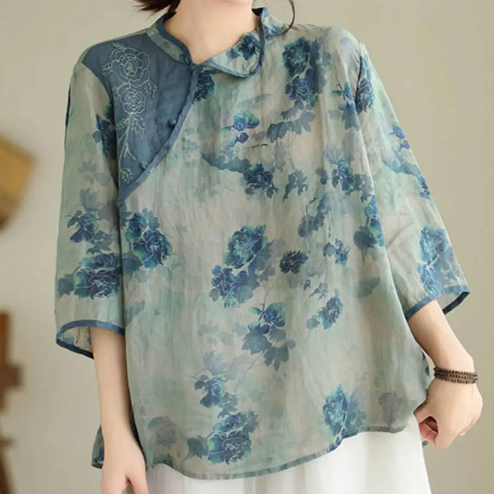 BWOOOH PLUS SIZE Blue Jacaranda Flower Design Three Quart