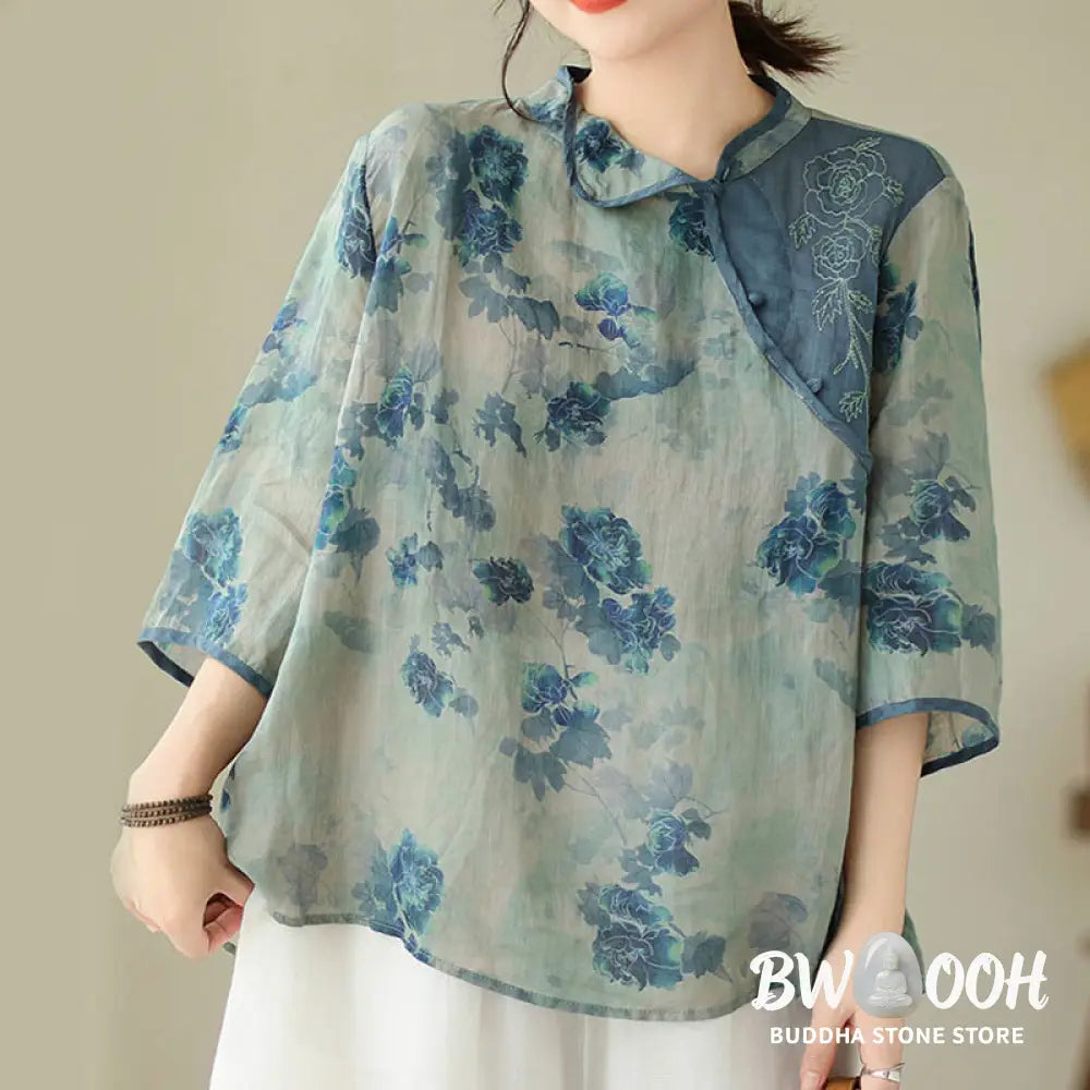 Buddha Stones PLUS SIZE Blue Jacaranda Flower Design Three Quarter Sleeve Ramie Linen Shirt - Women’s Shirts