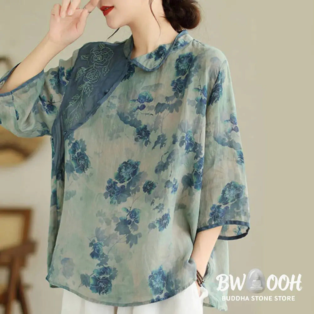 Buddha Stones PLUS SIZE Blue Jacaranda Flower Design Three Quarter Sleeve Ramie Linen Shirt - Women’s Shirts