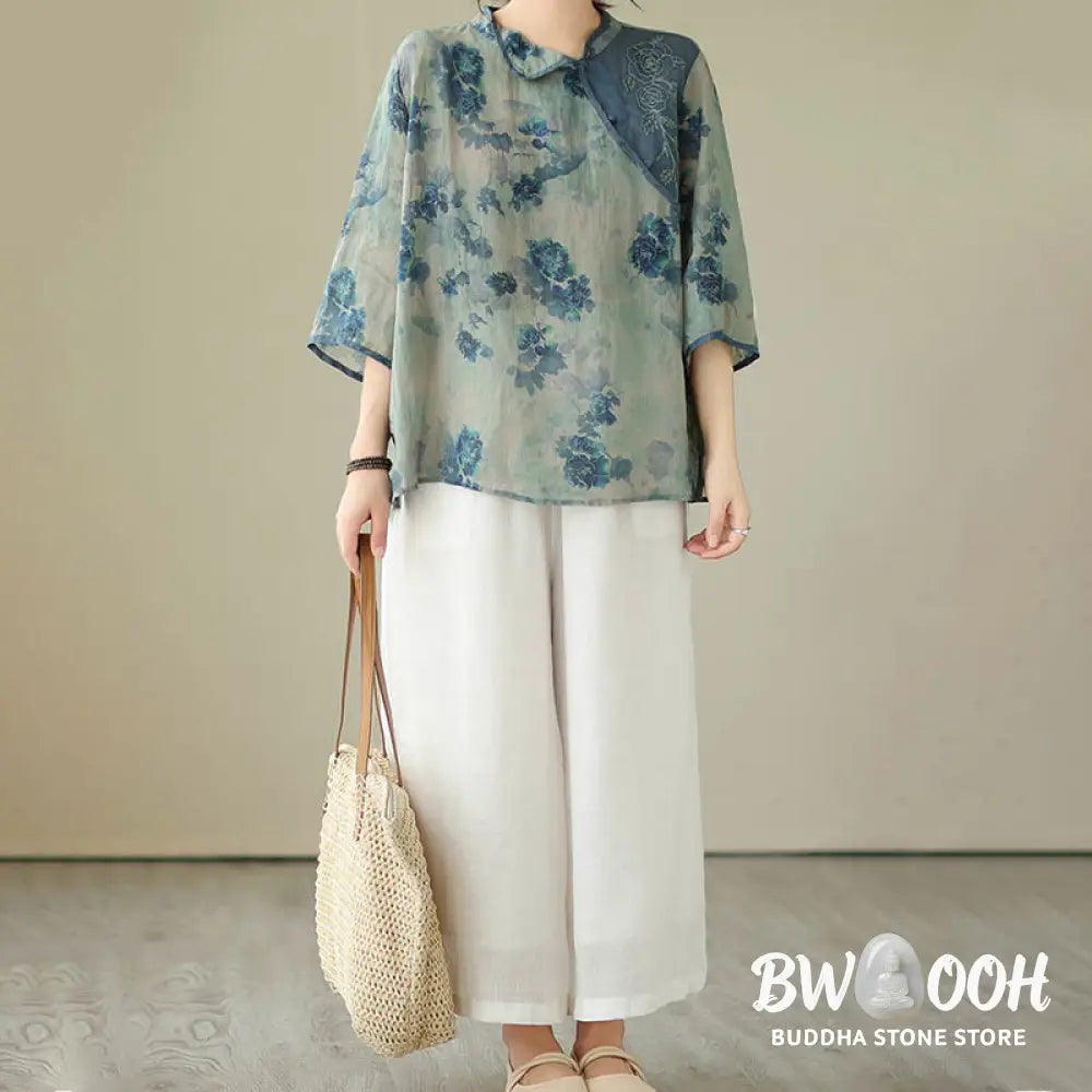 Buddha Stones PLUS SIZE Blue Jacaranda Flower Design Three Quarter Sleeve Ramie Linen Shirt - Women’s Shirts