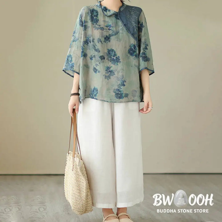 Buddha Stones PLUS SIZE Blue Jacaranda Flower Design Three Quarter Sleeve Ramie Linen Shirt - Women’s Shirts
