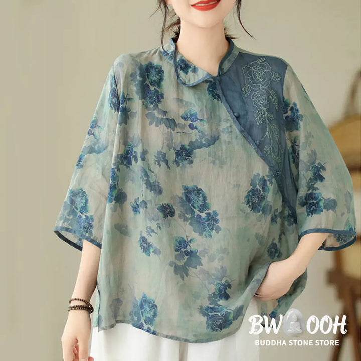 Buddha Stones PLUS SIZE Blue Jacaranda Flower Design Three Quarter Sleeve Ramie Linen Shirt - Women’s Shirts