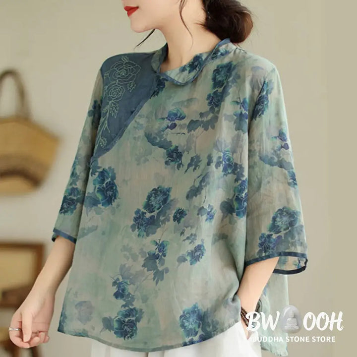 Buddha Stones PLUS SIZE Blue Jacaranda Flower Design Three Quarter Sleeve Ramie Linen Shirt - Women’s Shirts