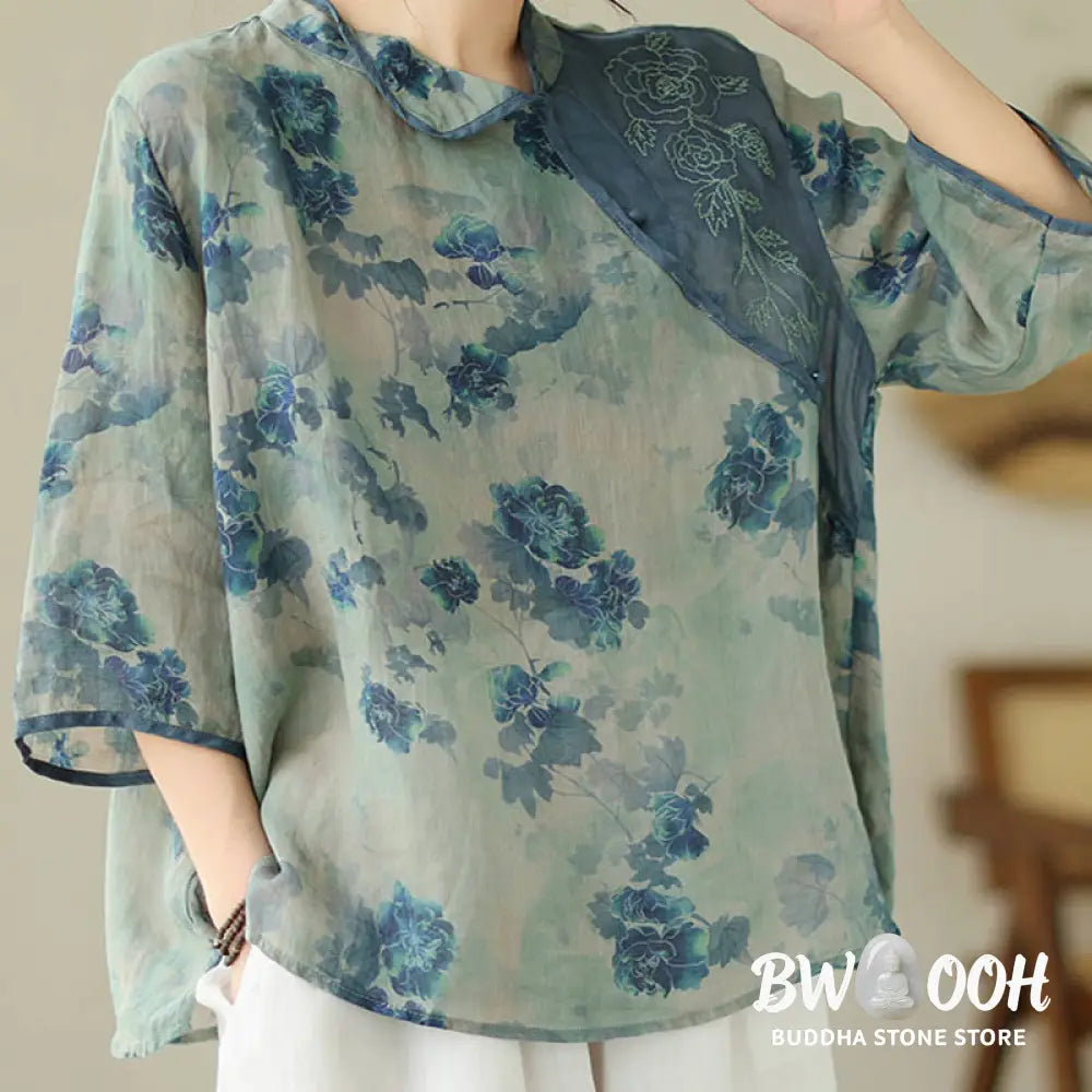 Buddha Stones PLUS SIZE Blue Jacaranda Flower Design Three Quarter Sleeve Ramie Linen Shirt - Women’s Shirts