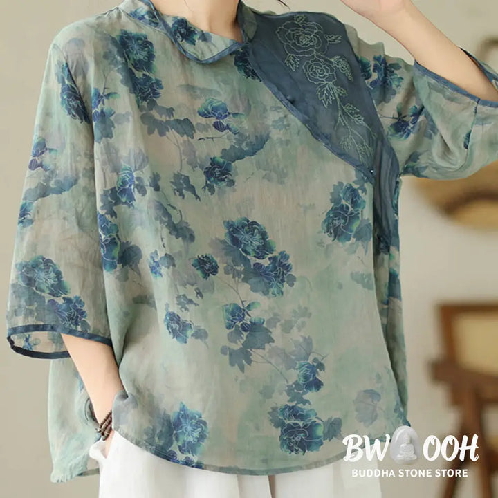 Buddha Stones PLUS SIZE Blue Jacaranda Flower Design Three Quarter Sleeve Ramie Linen Shirt - Women’s Shirts