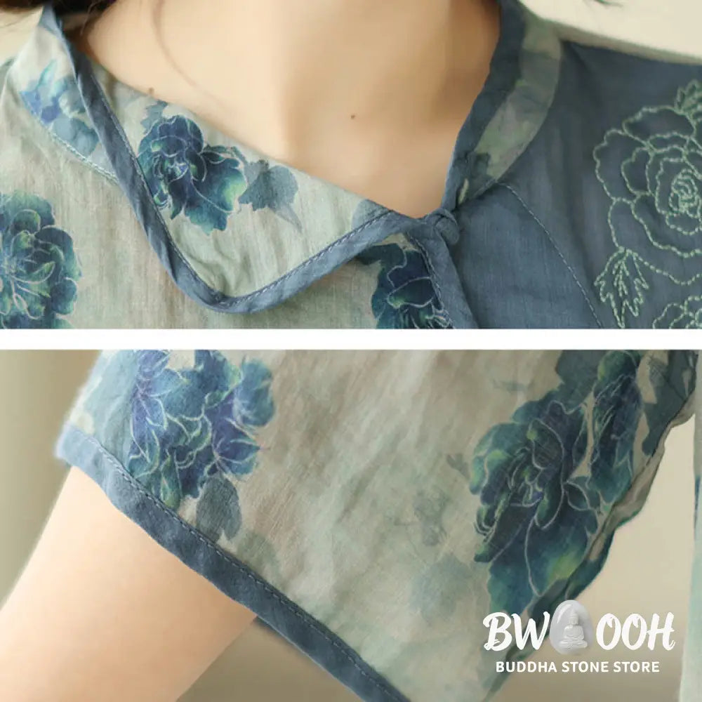 Buddha Stones PLUS SIZE Blue Jacaranda Flower Design Three Quarter Sleeve Ramie Linen Shirt - Women’s Shirts