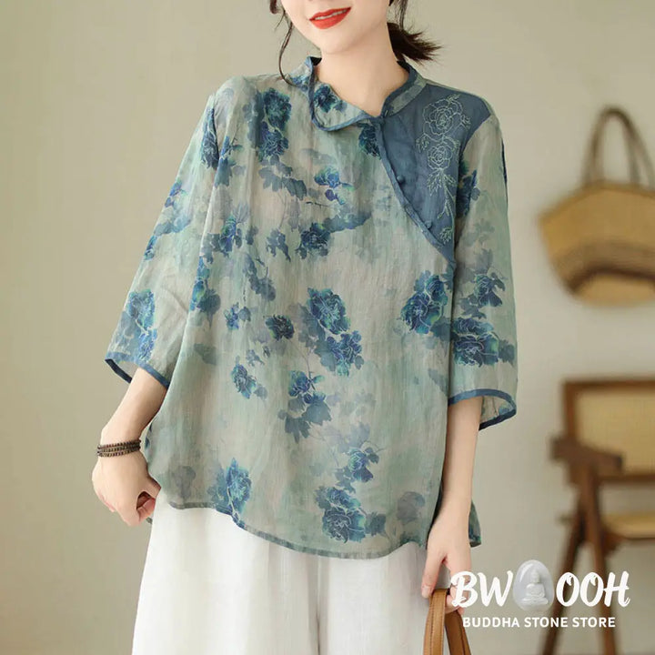 Buddha Stones PLUS SIZE Blue Jacaranda Flower Design Three Quarter Sleeve Ramie Linen Shirt - Women’s Shirts