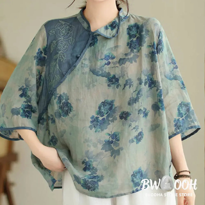 Buddha Stones PLUS SIZE Blue Jacaranda Flower Design Three Quarter Sleeve Ramie Linen Shirt - Women’s Shirts