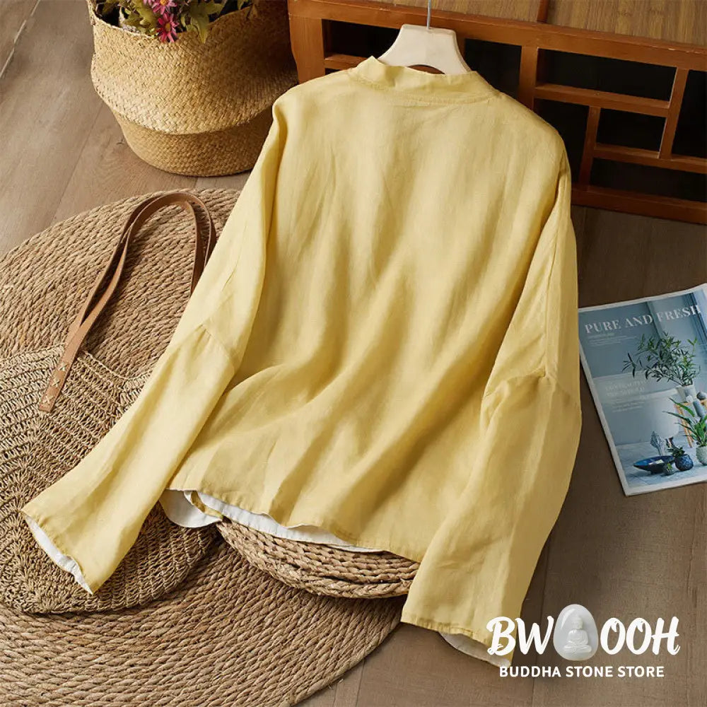 Buddha Stones PLUS SIZE V Neck Casual Solid Color Long Sleeve Shirt Cotton Linen Women’s Shirts - Women’s Shirts