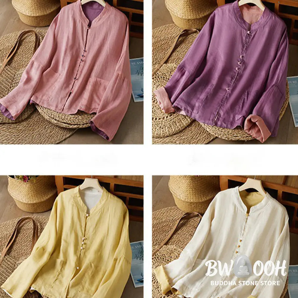 Buddha Stones PLUS SIZE V Neck Casual Solid Color Long Sleeve Shirt Cotton Linen Women’s Shirts - Women’s Shirts