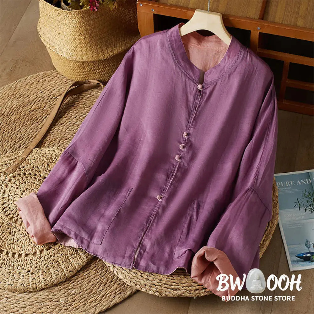 Buddha Stones PLUS SIZE V Neck Casual Solid Color Long Sleeve Shirt Cotton Linen Women’s Shirts - Women’s Shirts