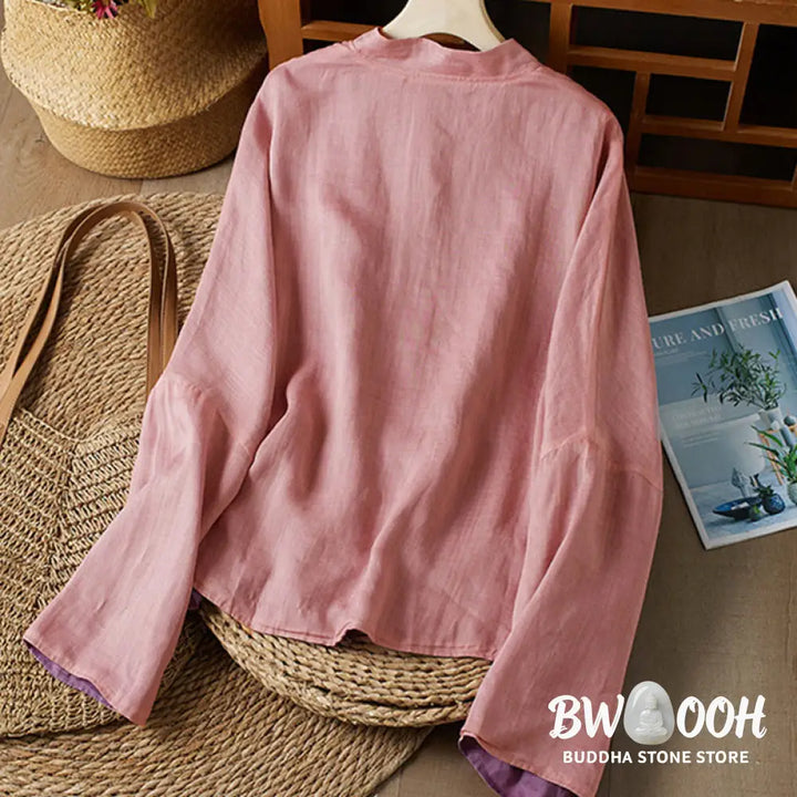 Buddha Stones PLUS SIZE V Neck Casual Solid Color Long Sleeve Shirt Cotton Linen Women’s Shirts - Women’s Shirts
