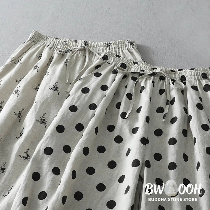Buddha Stones Polka Dot Floral Pattern Pattern Women’s Cotton Linen Harem Pants With Pockets - Women’s Harem Pants