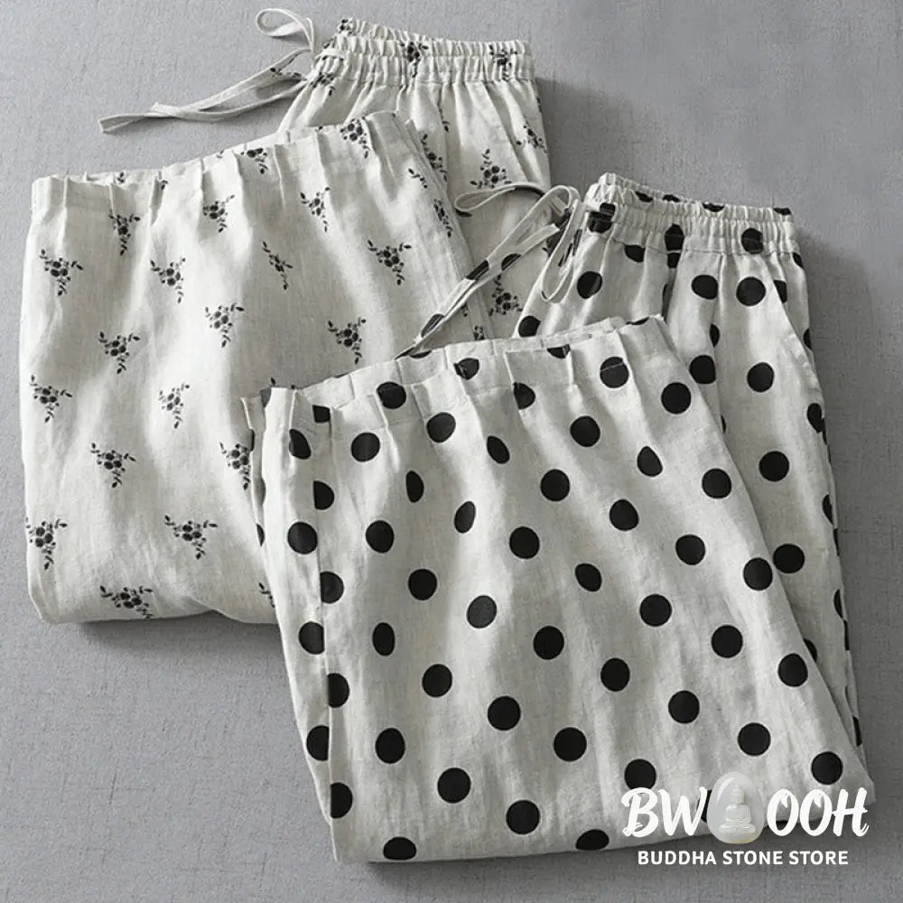 Buddha Stones Polka Dot Floral Pattern Pattern Women’s Cotton Linen Harem Pants With Pockets - Women’s Harem Pants