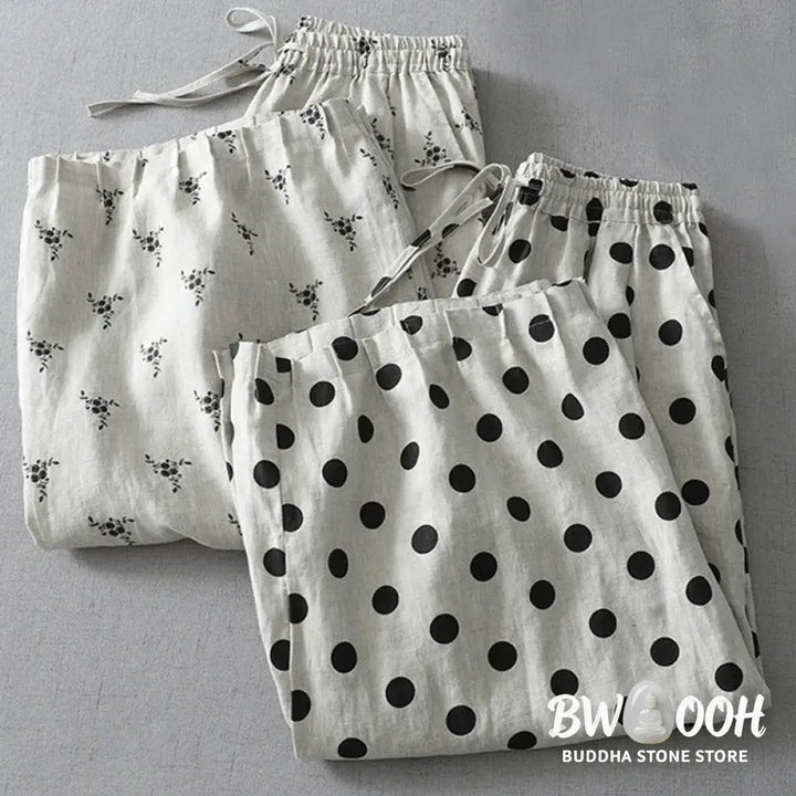 Buddha Stones Polka Dot Floral Pattern Pattern Women’s Cotton Linen Harem Pants With Pockets - Women’s Harem Pants