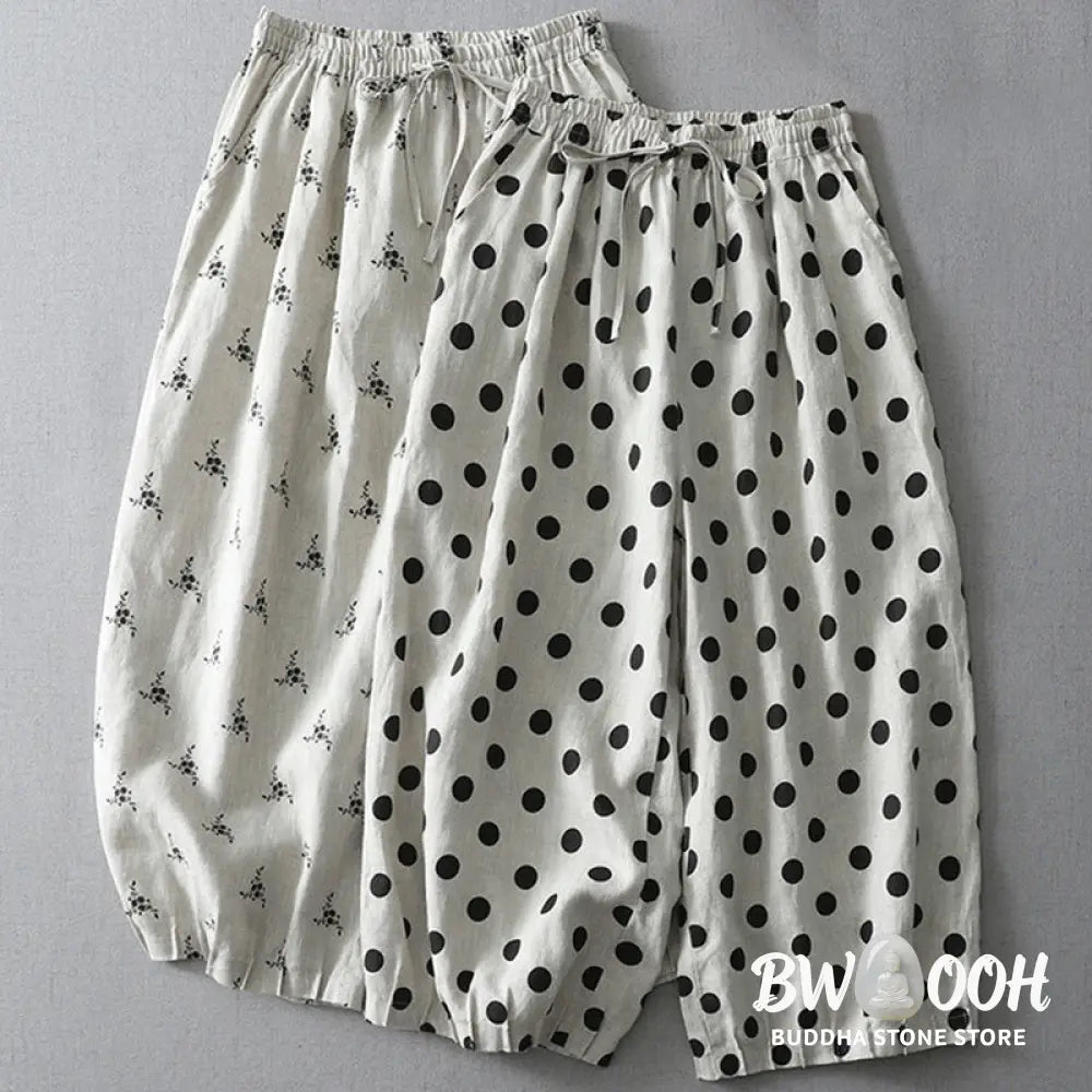 Buddha Stones Polka Dot Floral Pattern Pattern Women’s Cotton Linen Harem Pants With Pockets - Women’s Harem Pants
