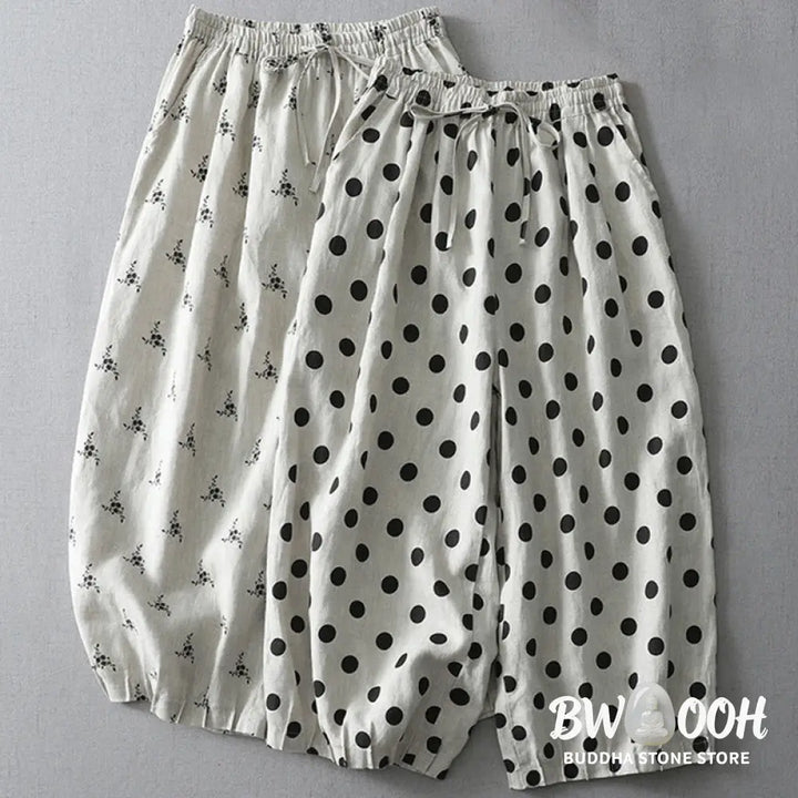 Buddha Stones Polka Dot Floral Pattern Pattern Women’s Cotton Linen Harem Pants With Pockets - Women’s Harem Pants