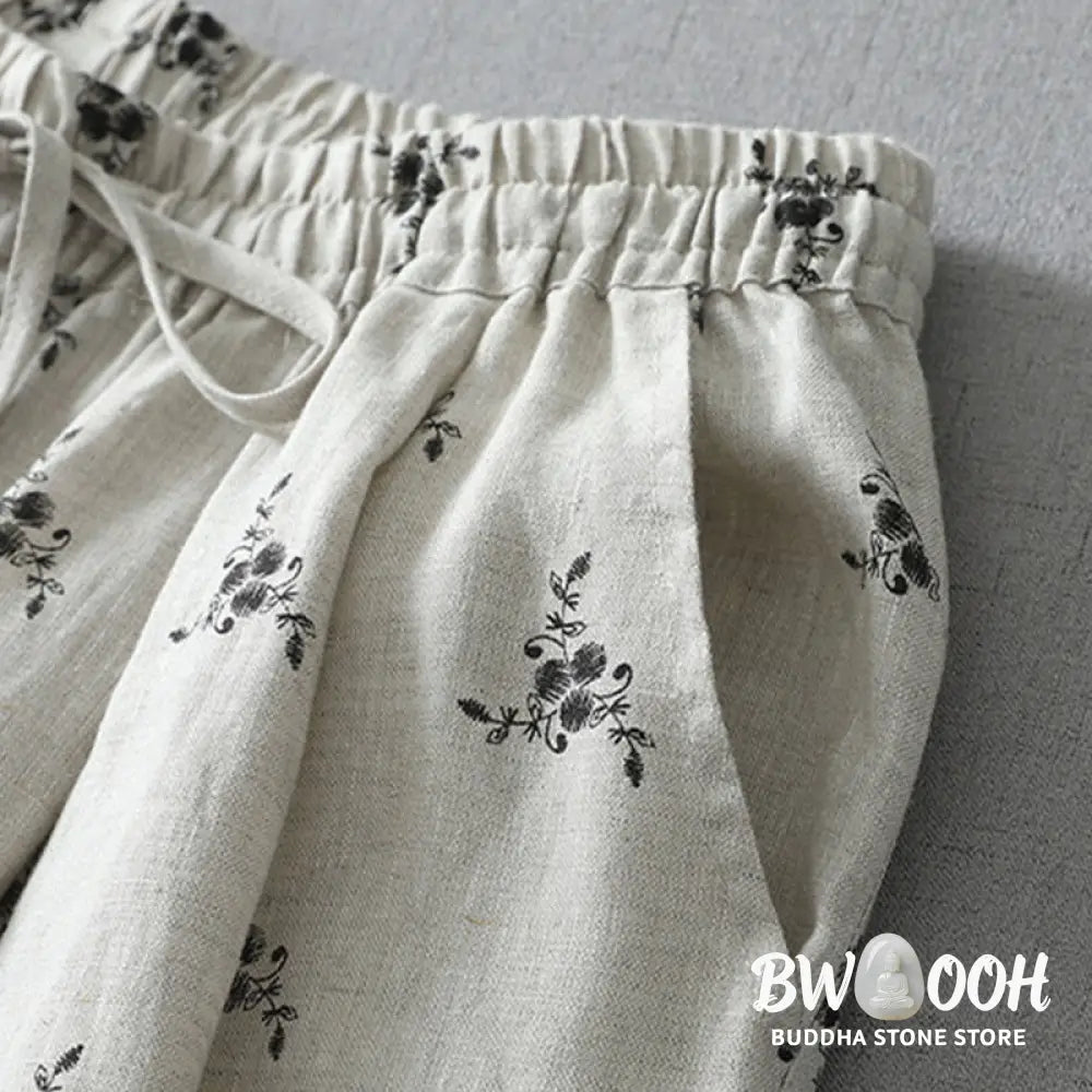 Buddha Stones Polka Dot Floral Pattern Pattern Women’s Cotton Linen Harem Pants With Pockets - Women’s Harem Pants