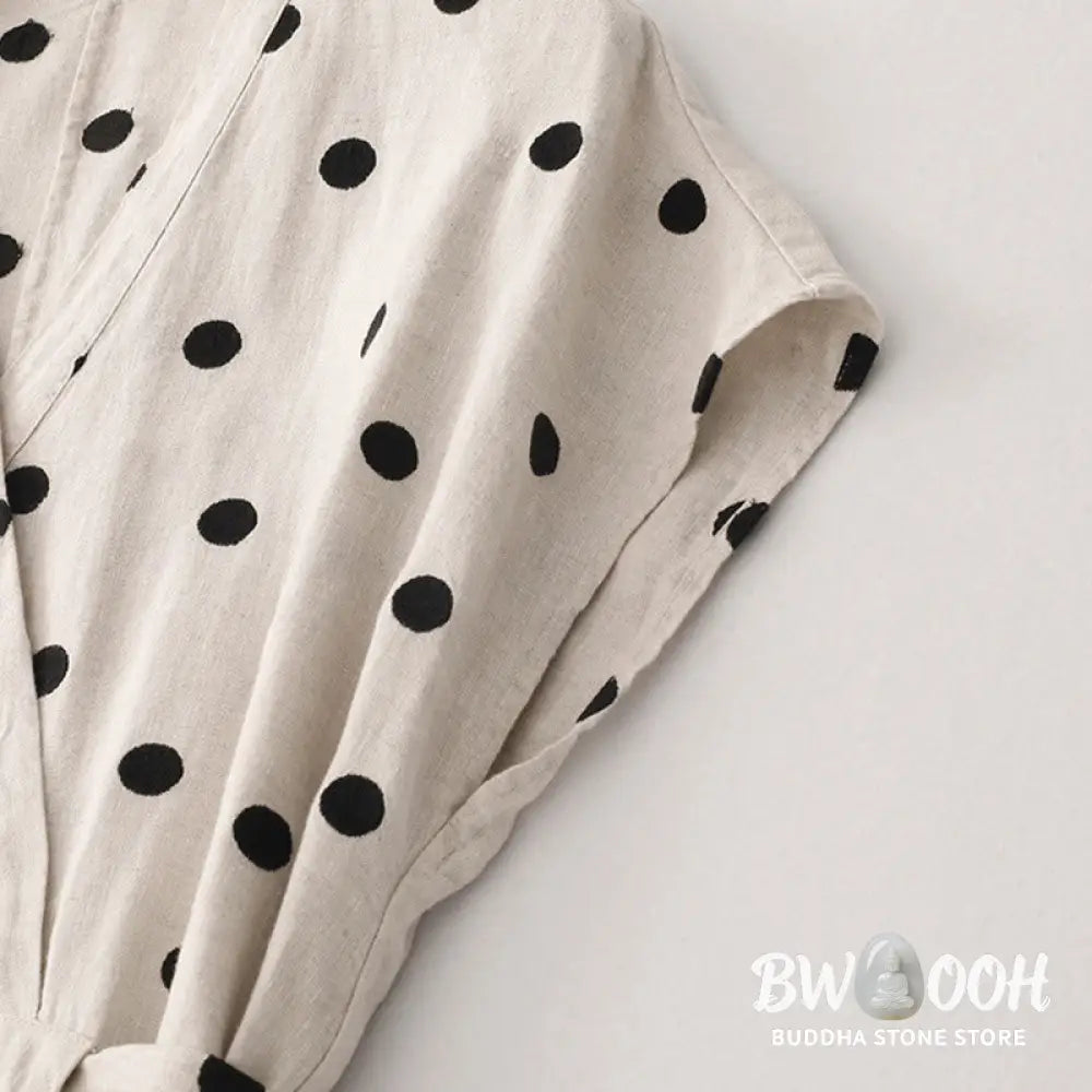 Buddha Stones Polka Dot V-Neck Lace-up Cotton Linen Women’s Midi Dress With Pockets - Midi Dress